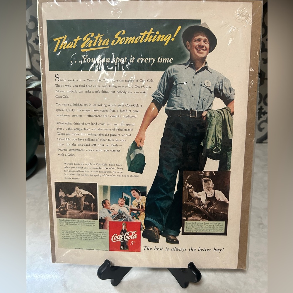 RARE- 1942 Coca-Cola 'That Extra Something' Advertisement with Worker and logo